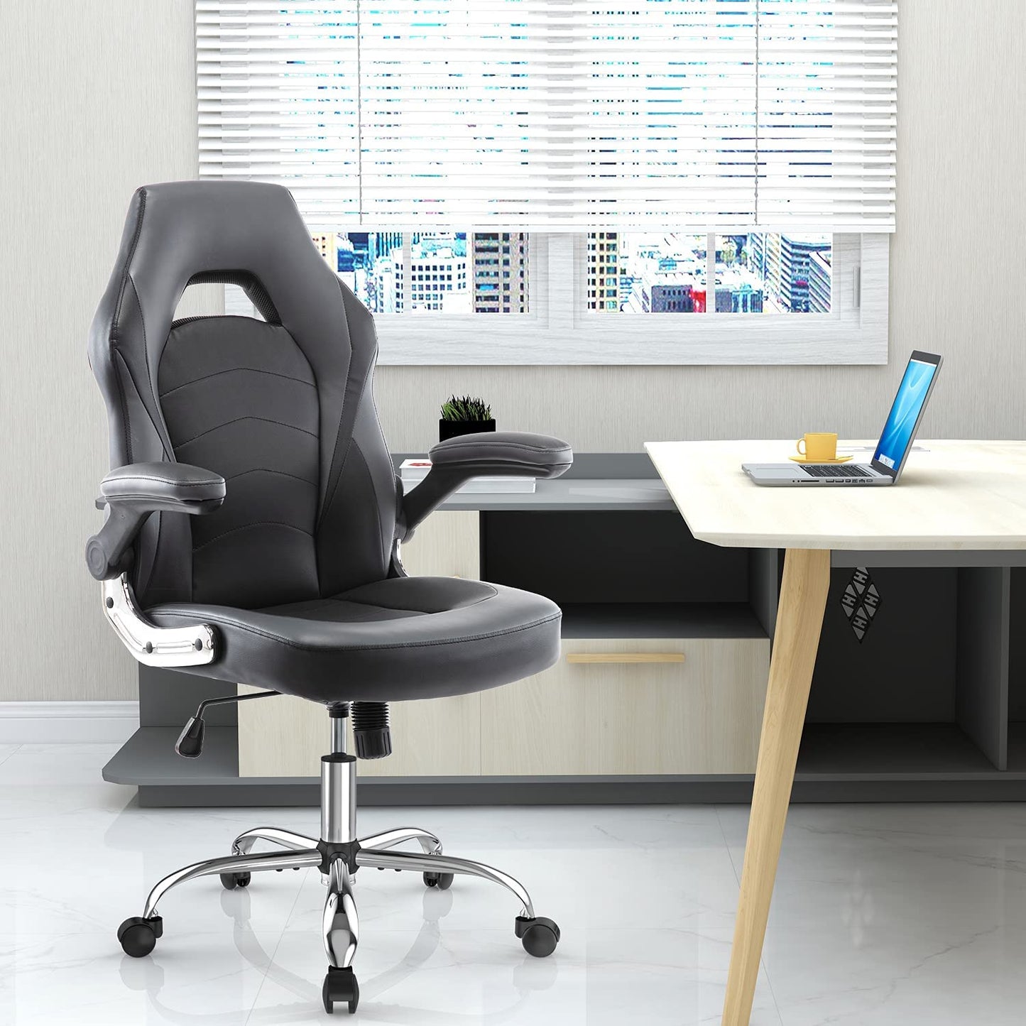 Ergonomic Racing Style Gaming Chair with Adjustable Height and Flip-Up Arms, Bonded Leather Office Chair for Adults, Teens, and Children