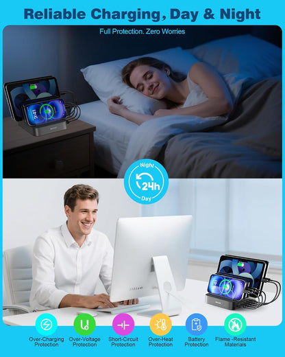 Charging Station for Multiple Devices : 5 Port Multi USB-A Charger Stations Multi-Device Organizer Charging Dock Designed for Iphone Ipad Cell Phone Tablets (7 Short Cables Included), Gray