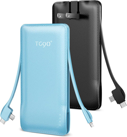 TG90° Dual Pack 10000mAh Power Bank with Integrated Foldable AC Wall Plug and Cables, Ultra-Slim Portable Fast Charger for iPhone and Android Devices, Black & Blue