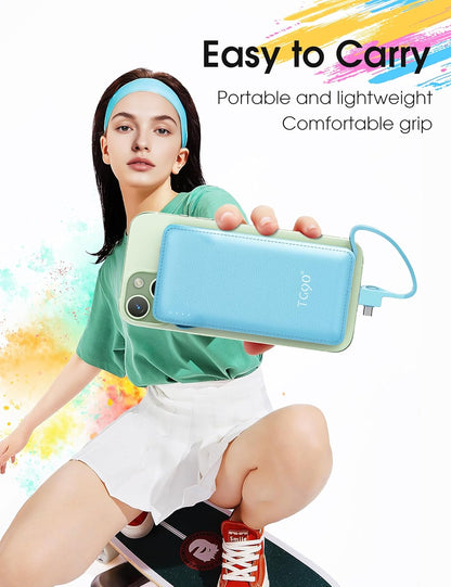 TG90° Dual Pack 10000mAh Power Bank with Integrated Foldable AC Wall Plug and Cables, Ultra-Slim Portable Fast Charger for iPhone and Android Devices, Black & Blue