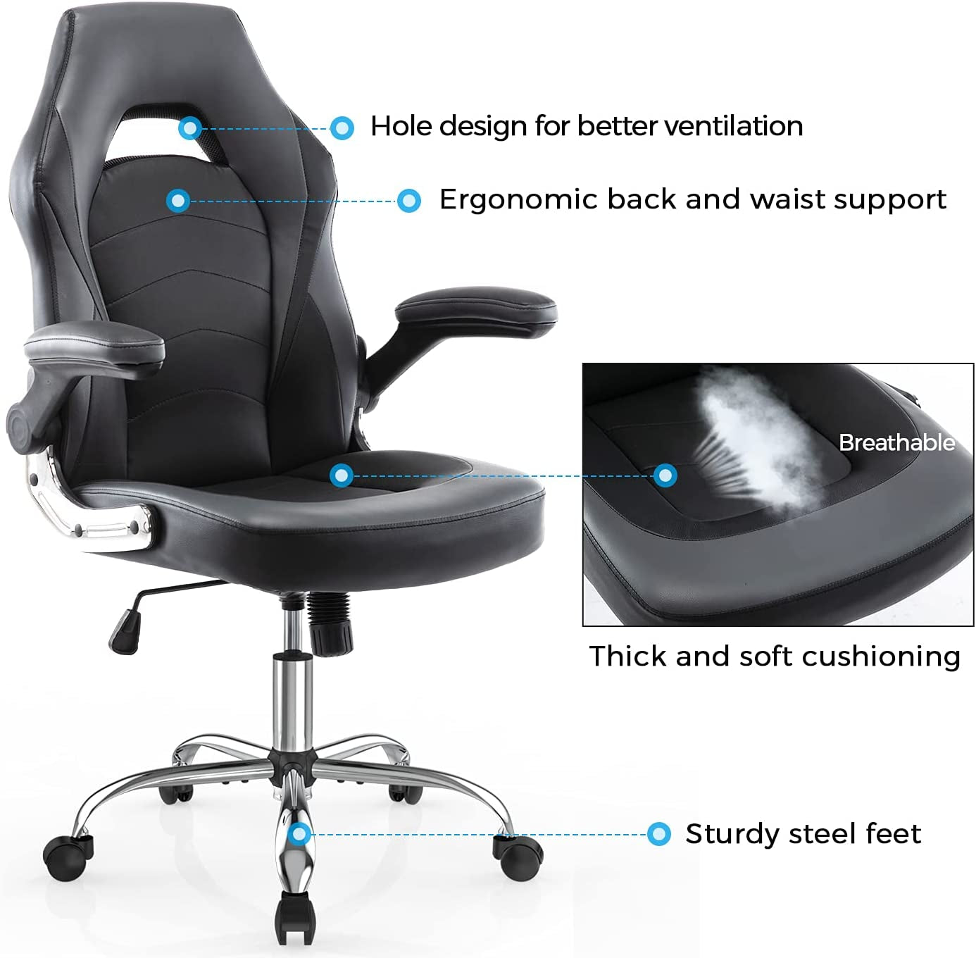 Ergonomic Racing Style Gaming Chair with Adjustable Height and Flip-Up Arms, Bonded Leather Office Chair for Adults, Teens, and Children
