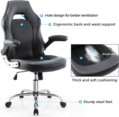 Ergonomic Racing Style Gaming Chair with Adjustable Height and Flip-Up Arms, Bonded Leather Office Chair for Adults, Teens, and Children