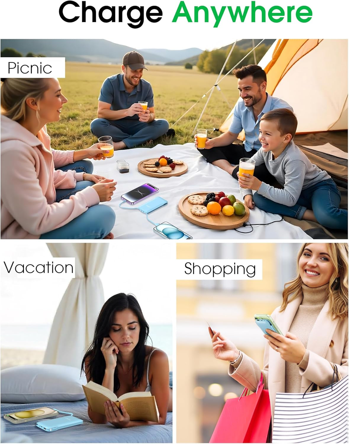 TG90° Dual Pack 10000mAh Power Bank with Integrated Foldable AC Wall Plug and Cables, Ultra-Slim Portable Fast Charger for iPhone and Android Devices, Black & Blue