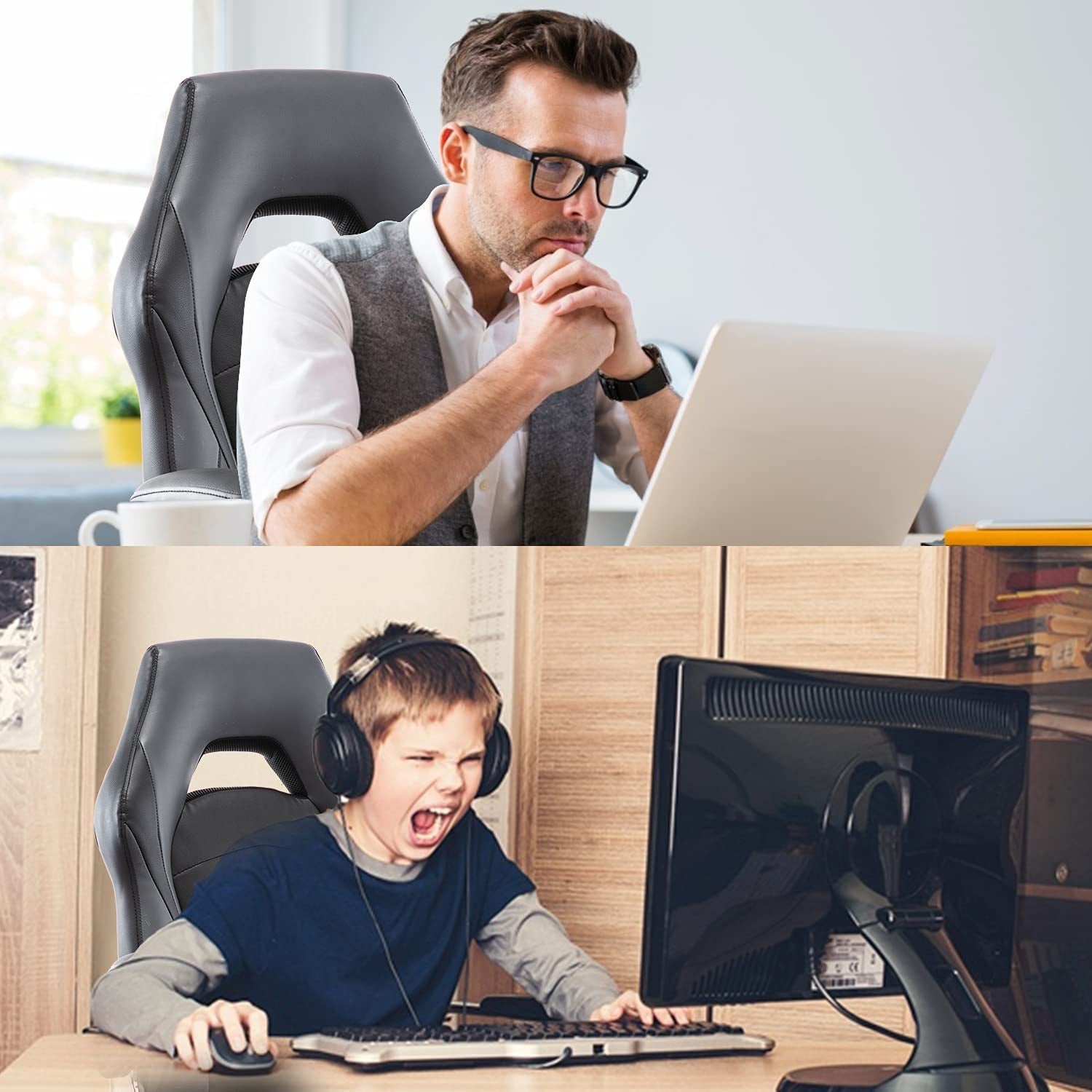 Ergonomic Racing Style Gaming Chair with Adjustable Height and Flip-Up Arms, Bonded Leather Office Chair for Adults, Teens, and Children