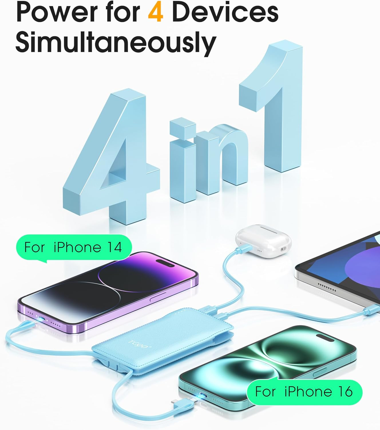 TG90° Dual Pack 10000mAh Power Bank with Integrated Foldable AC Wall Plug and Cables, Ultra-Slim Portable Fast Charger for iPhone and Android Devices, Black & Blue